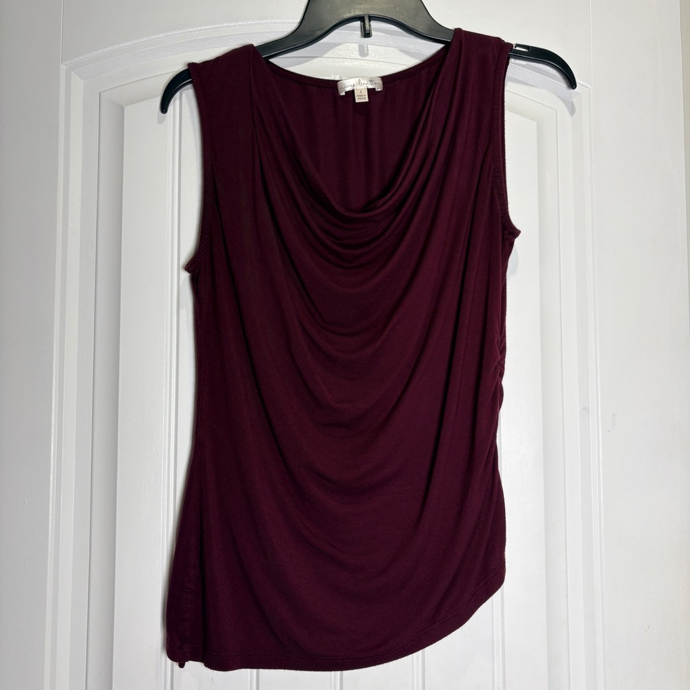 Nine Britton Cowl Neck Top Women S Burgundy Ruched Side Sleeveless Draped Jersey